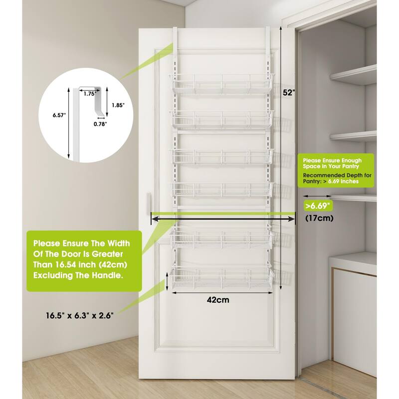 Over The Door Pantry Organizer,Wall Mount Spice Rack, Pantry Hanging Storage ,6 Adjustable Baskets Heavy-Duty Metal,