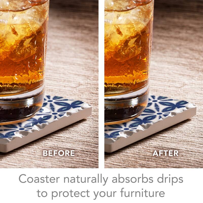 Counterart Absorbent Stone Coaster, Blue & White, Set of 4 - 4.00x4.11