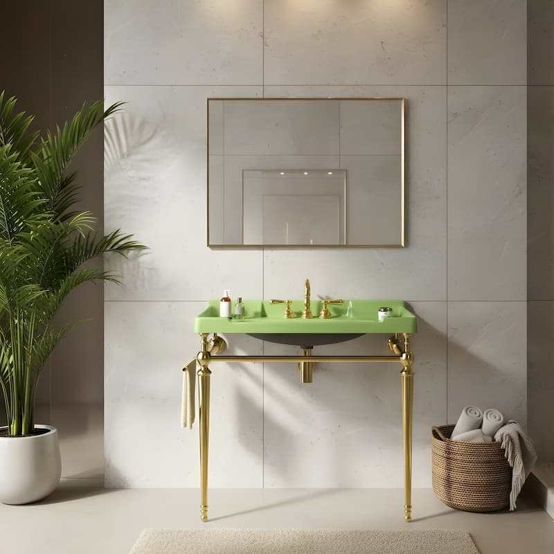 Wall-Mounted Bathroom Vanity with Ceramic Basin and Metal Legs - 36 - Gold+Green