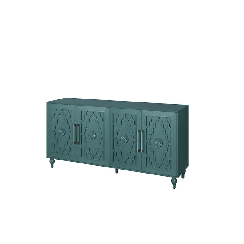 63'' Large Storage Cabinet with Metal Handle, Carved Flower Doors, Wooden Mordern Sideboard Console with Adjustable Shel