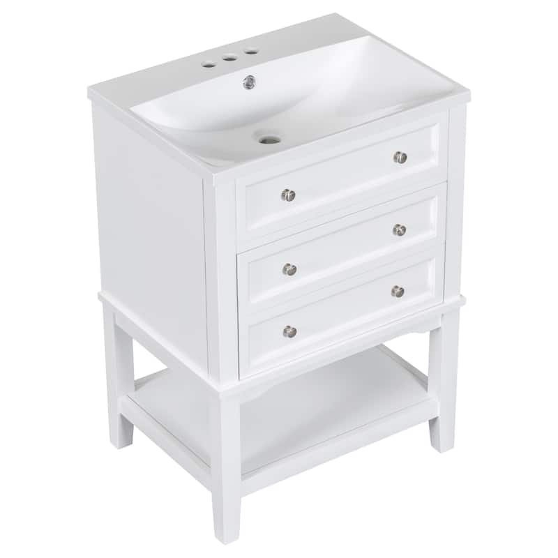 Roomfitters 24" Bathroom Vanity with Sink, Storage Cabinet with Drawer, Open Shelf, Solid Wood Frame, White