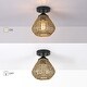 preview thumbnail 8 of 6, 1-Light Bohemian Rattan/Seagrass Semi-Flush Mount Ceiling Light - D8"x H9.3" - Black/Lime - 8 in. W