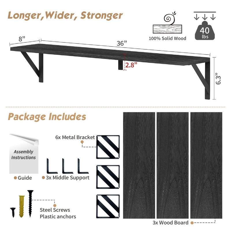 Floating Book Shelves for Wall - 36"D x 8"W x 6.3"H
