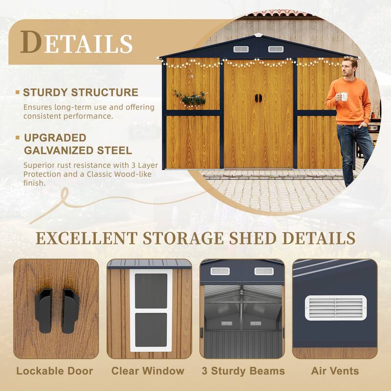 10X12 FT Outdoor Steel Storage Shed with Lockable Doors, 2 Windows, Garden Shed Ideal for Backyard, Patio Storage