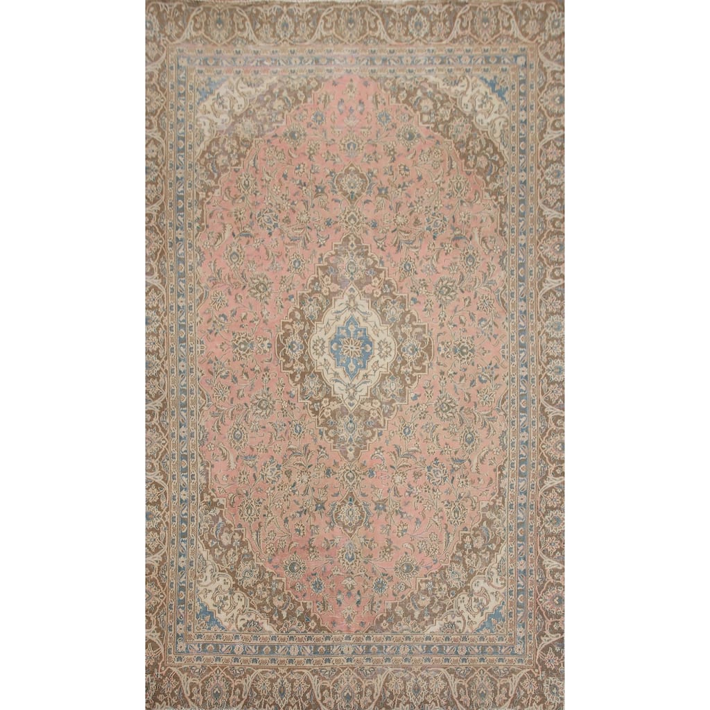 Hand Knotted Oriental 100% Wool Carpet Traditional Floral Pink Mashad Area Rug - 9' 8'' X 6' 7''