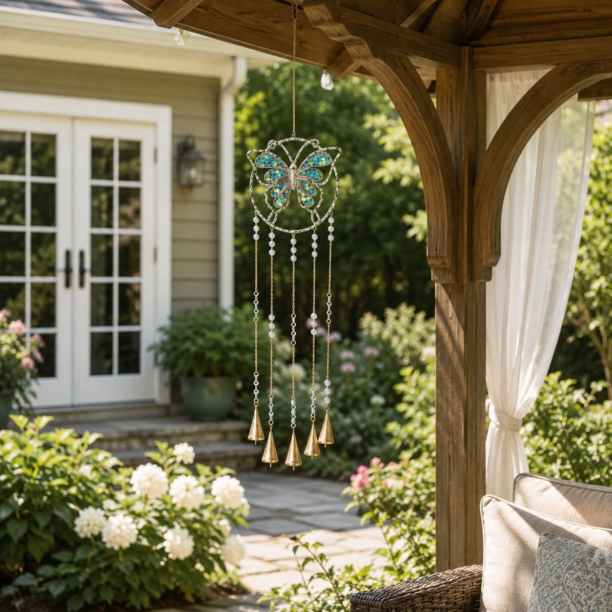 Abstract Butterfly Metal and Glass Windchimes with Bells - 34", Blue - 33.5"