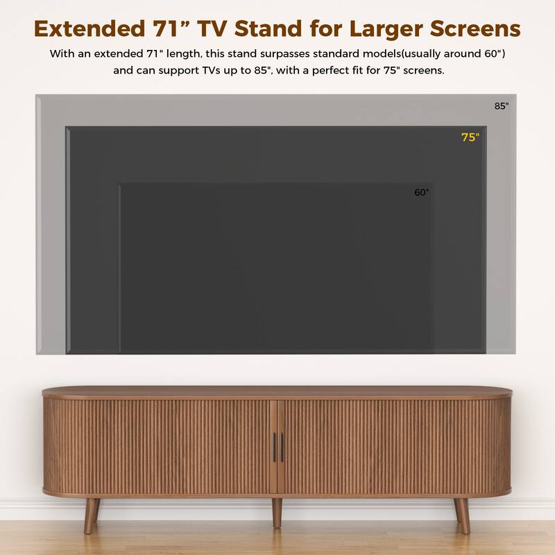 Gymojoy 71" Mid-Century Modern TV Stand, Walnut Media Console with Sliding Doors, Entertainment Center for TVs up to 80".