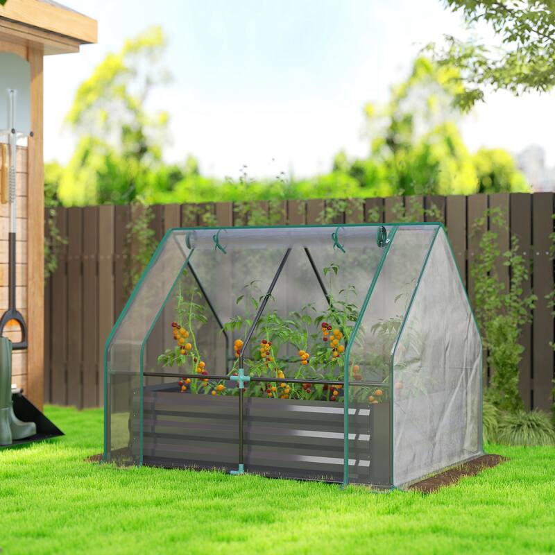 Outsunny 4 x 3 x 1ft Raised Garden Bed with Mini Greenhouse, Galvanized Raised Garden Bed with Cover for Herbs and Vegetables - Grey