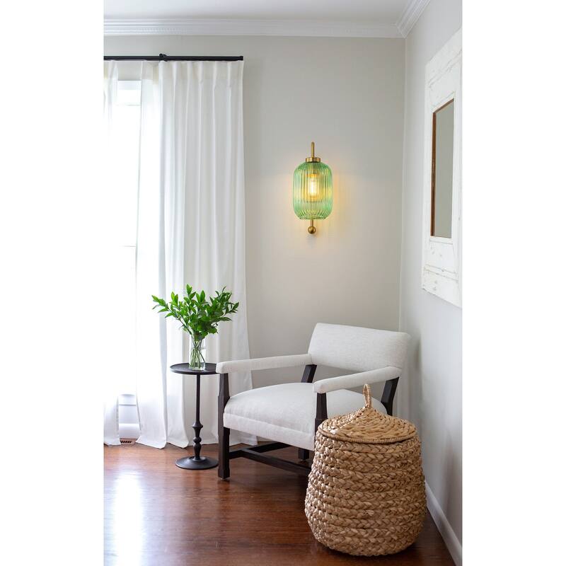 1-Light Green Striped Lantern Glass Wall Sconce - 5.5" W × 8.3" D × 13" H