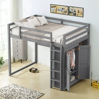 Wood Full Size Loft Bed with Built-in Wardrobe and Storage Shelves