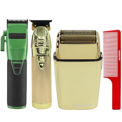 BaByliss Pro FX870 GI BOOST+ Influencer Collection Cordless Clipper - Green + FXFS2G Double Foil Shaver + Trimmer FX787NG + Comb