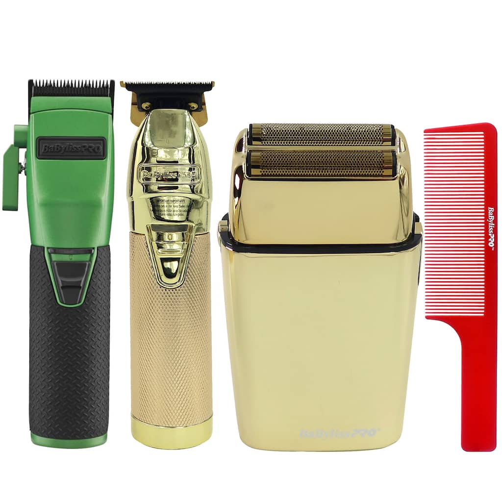 BaByliss Pro FX870 GI BOOST+ Influencer Collection Cordless Clipper - Green + FXFS2G Double Foil Shaver + Trimmer FX787NG + Comb