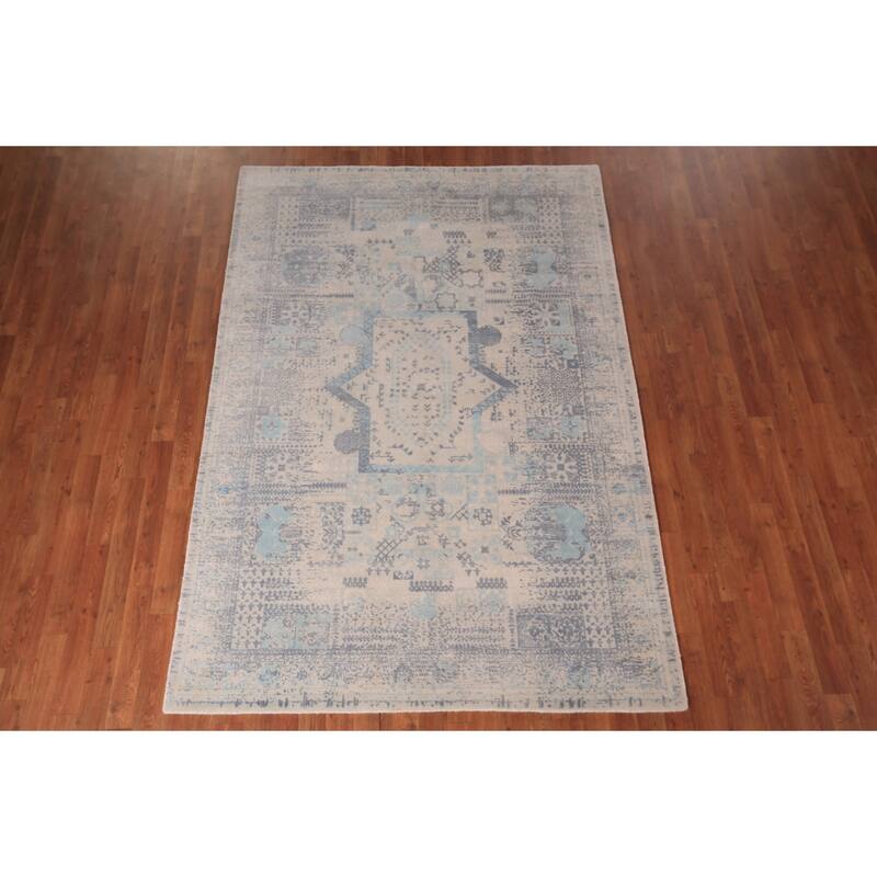 Abstract Modern Area Rug Hand-Knotted Beige Wool Carpet - 5'4" x 7'9"