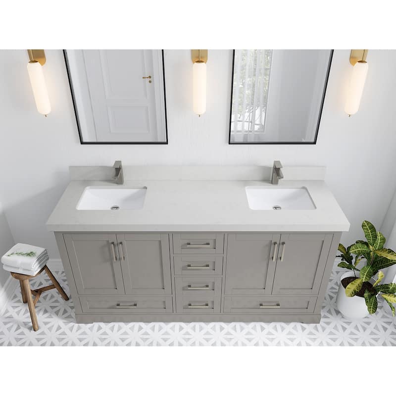 Willow Collection 72 in W x 22 in D x 36 in H Boston Double Bowl Sink Bathroom Vanity with Countertop - 2"Carrara Quartz - Elephant Skin Gray