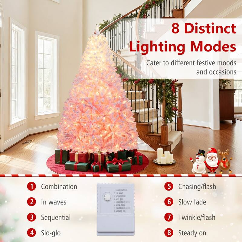 Gymax Artificial Christmas Tree Hinged Snow Flocked Xmas Tree w/ - Pink, White