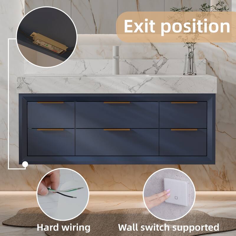 Modland 48" Modern Floating Bathroom Vanity with Single Sink, Soft-Close Drawers, White Stone Countertop