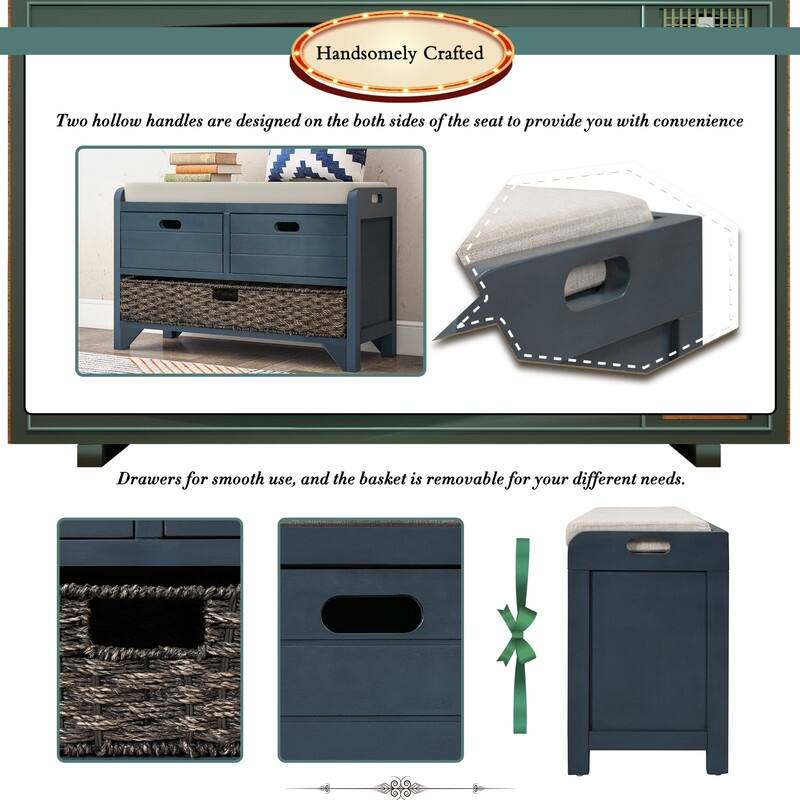 Grondin Retro Framhouse Style Entry Storage Shoe Bench with Padded Cushion, 2 Drawers and Removable Basket