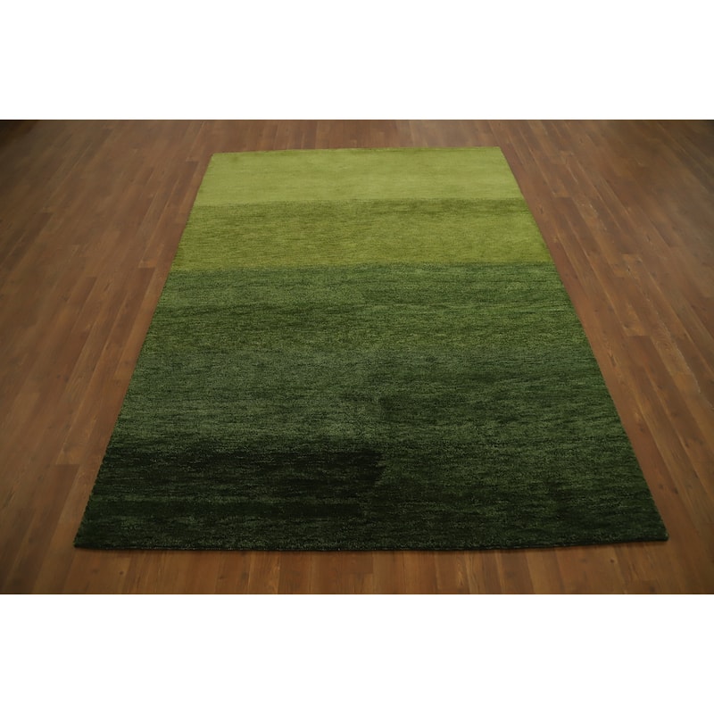 Hand Knotted Oriental 100% Wool Carpet Modern Stripe Green Gabbeh Area Rug - 7' 8'' X 5' 6''