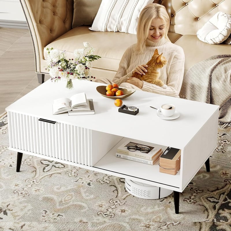 2-Tier Farmhouse Coffee Table with Storage for Living Room, Office - N/A - White