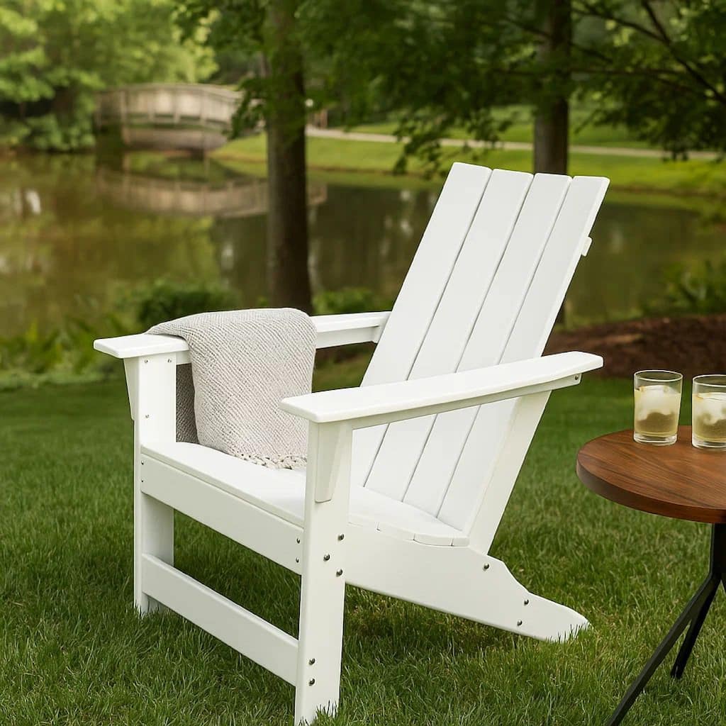 Elisa Outdoor Adirondack Chair, White Resin, Slat Panel Back and Seat