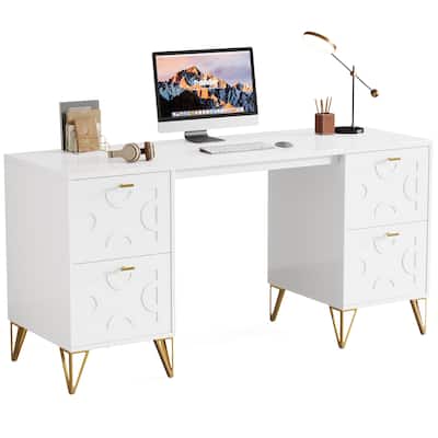 59'' Modern White Computer Desk with File Drawers for Home Office