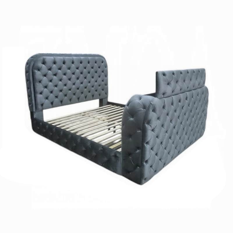 Kerie Queen Bed with LED Fireplace, Hidden Lift TV Stand, Gray Velvet