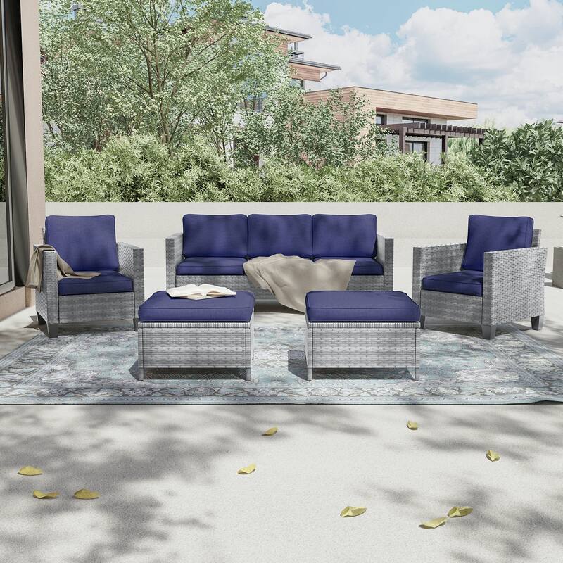 LIVOOSUN 5Pcs Patio Furniture Set Grey Rattan Coversation Seating Set - Gray/NavyBlue