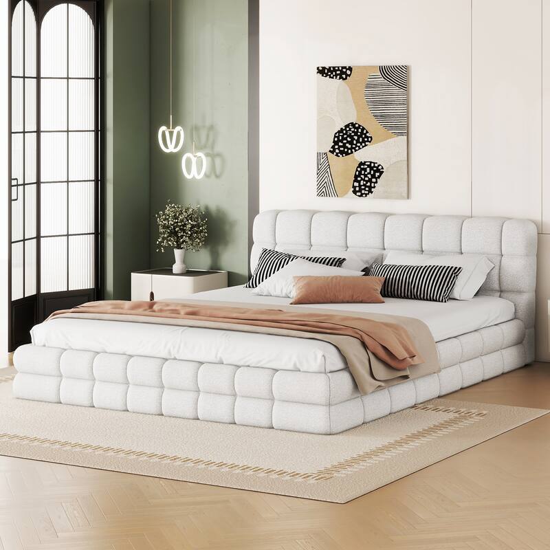 Modern Upholstered Platform Bed Frame Grounded Bed Frame with Striped Headboard/Wood Slats Support/No Box Spring/Easy Assembly - White - Queen