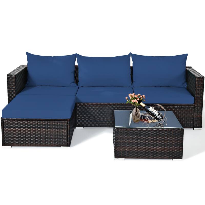 Gymax 5PCS Cushioned Rattan Patio Conversation Set w/ Ottoman Navy - See Details