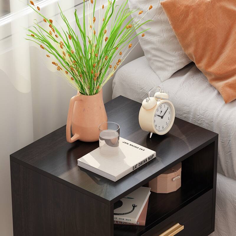 Premium 1-Drawer Black/White Nightstand with Shelf by Kerrogee
