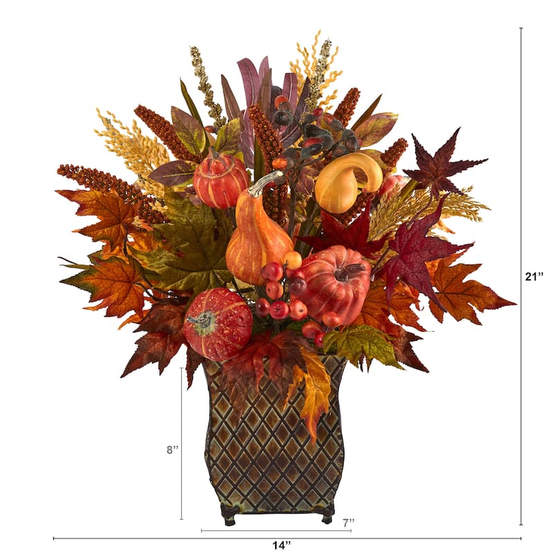 21" Pumpkin, Maple Leaf and Sorghum Harvest Arrangement in Planter