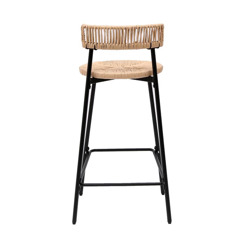Handwoven Paper Rope Counter Stools Set of 2, Dining Chair with Back and Footrest, Kitchen Island Chair with Metal Frame
