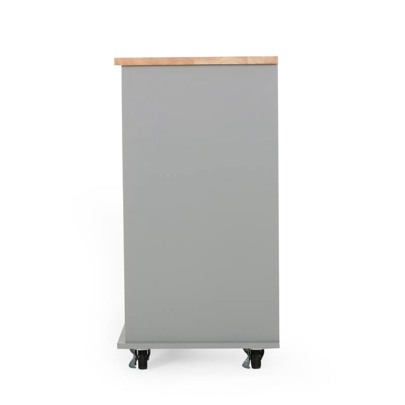 Fixed Wheel Rolling Modern Kitchen Utility Cart with 2 Drawers, 1 Cabinet, 3 Shelves and Rubberwood Top, Gray