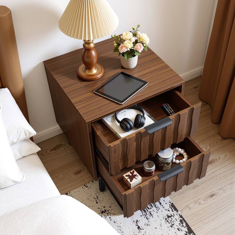 Mid-Century Modern Nightstand, Fluted End Table Drawer & Open Storage