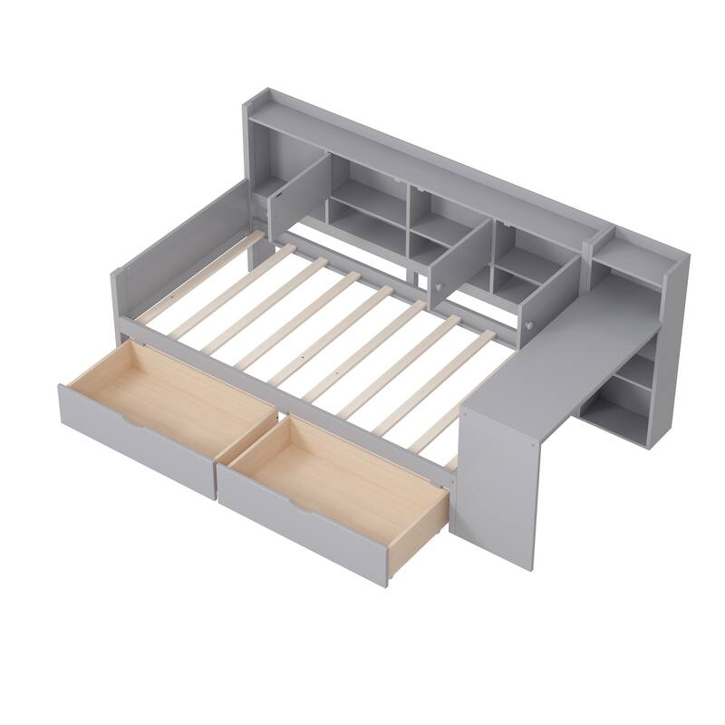 Wooden L Shaped Daybed with Bookcase and 2 Drawers, Multi-functional Corner Platform Sofa Bed Frame with Built In Desk