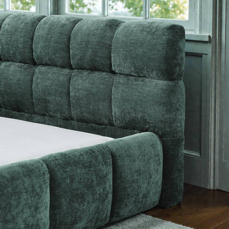King Upholstered Platform Bed Frame with Thick Chenille Fabric, Grounded Modern Bed with Headboard, No Box Spring Needed