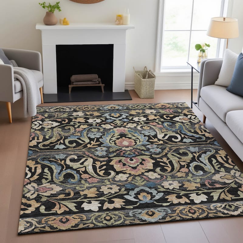 Machine Washable Indoor/Outdoor Floral Watercolor Chantille Rug