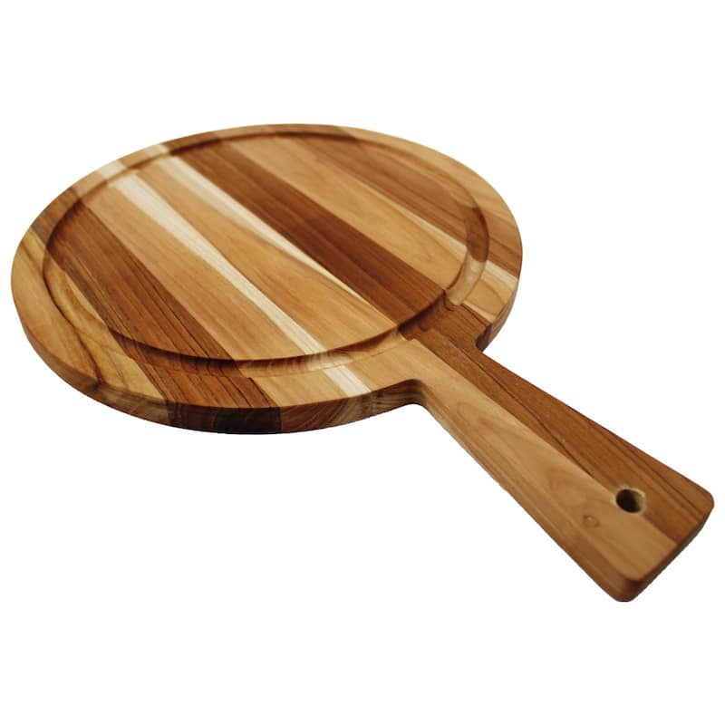 EcoDecors Round Teak Cutting Board 14" with Handle, FSC Certified Wood, Carving Board for Kitchen & Prep
