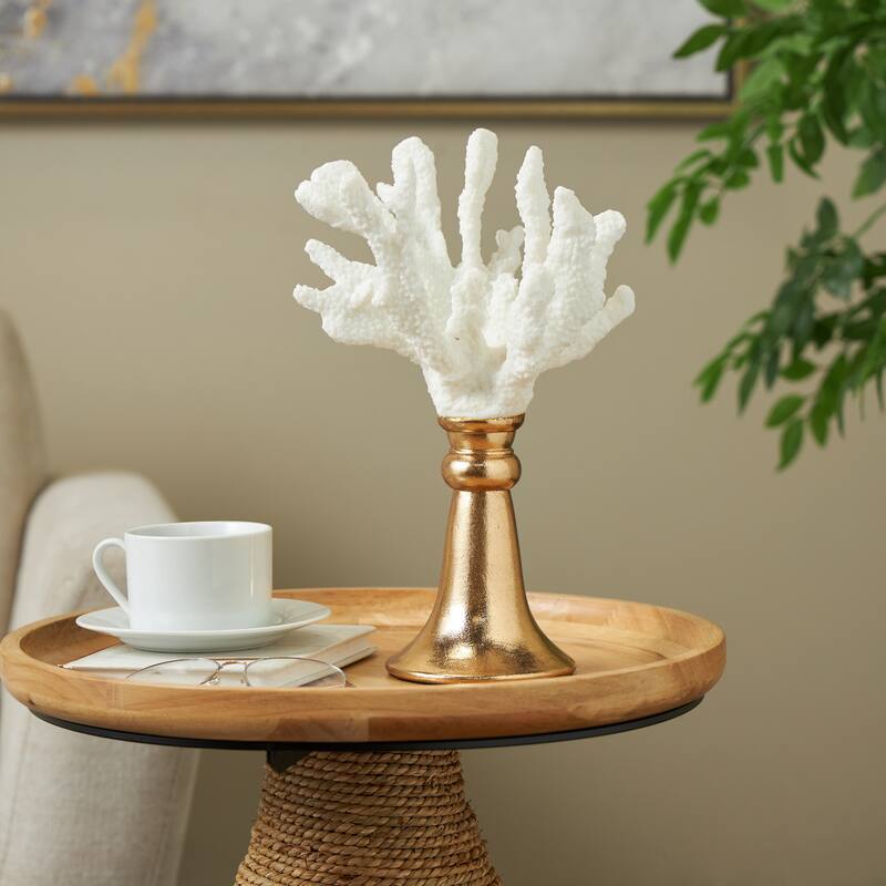 White Resin Textured Coral Decorative Sculpture with Round Copper Base - White