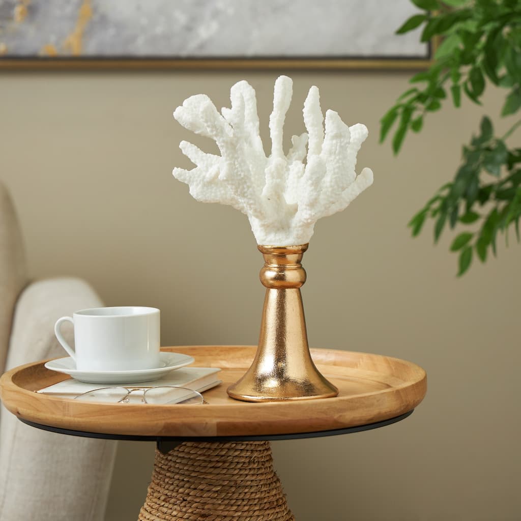 White Resin Textured Coral Decorative Sculpture with Round Copper Base