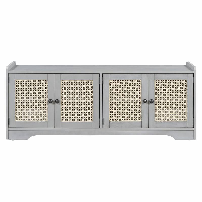 Rustic Storage Bench with Removable Cushion, Woven Rattan Doors & Adjustable Shelves