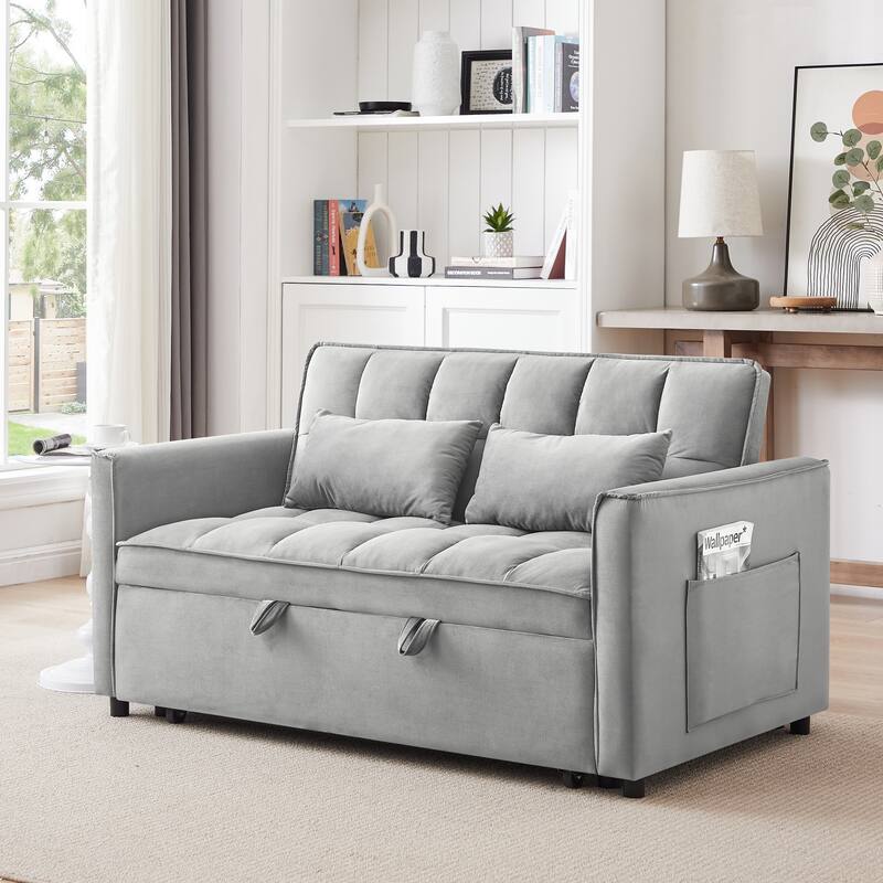 Grayish Modern 55.1" 3 in 1 Convertible Loveseat Sofa Bed with Adjustable Back and Storage Bag for Living Room