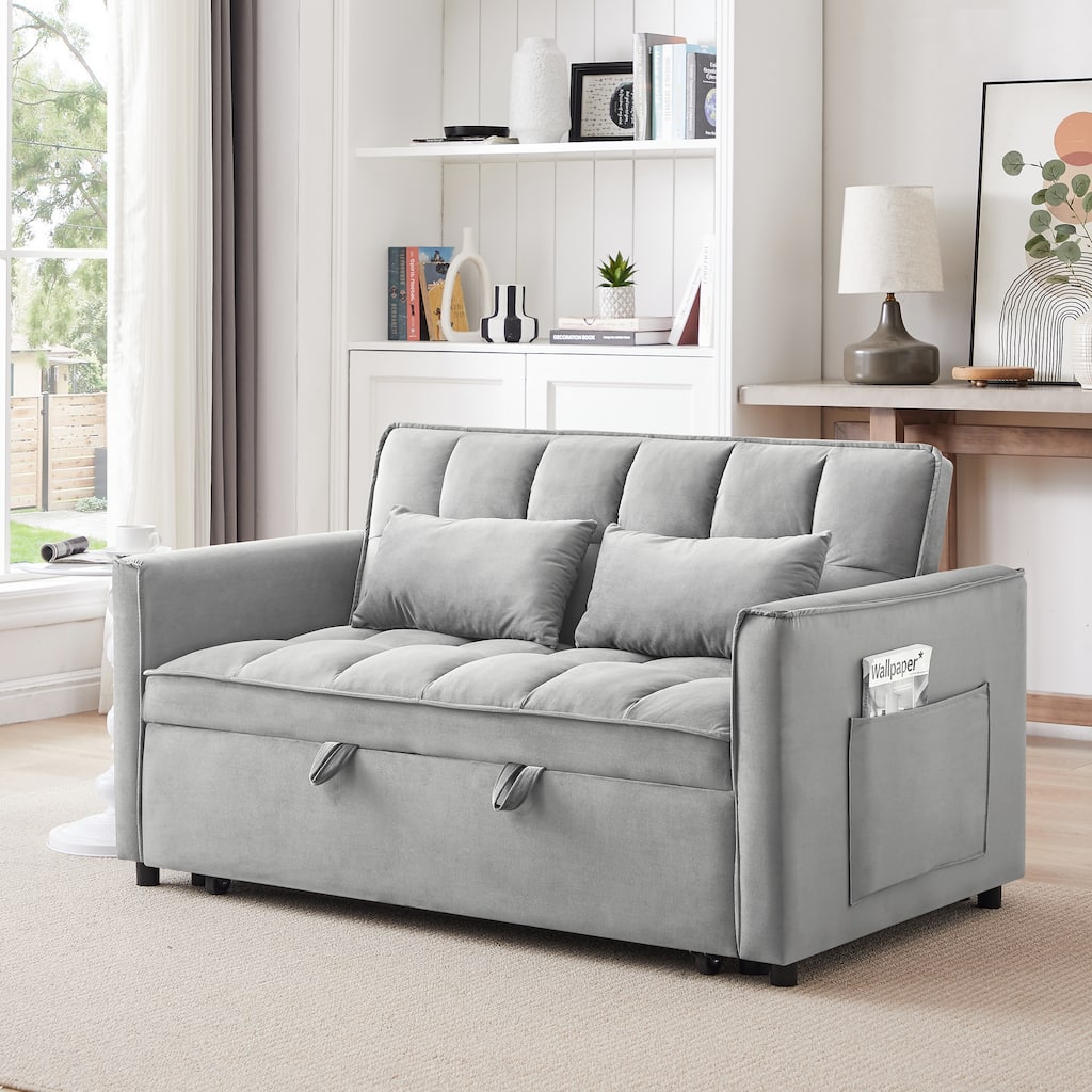Light Gray Convertible Sofa Bed with USB Port, Folding Loveseat Sleeper Sofa Couch with Adjustable Backrest