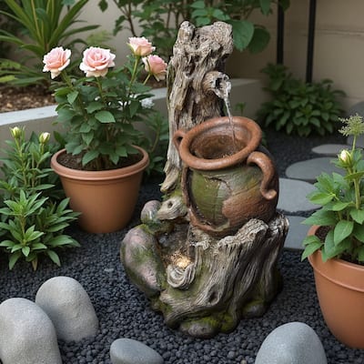 Vbal Outdoor Water Fountain with LED Lights – Weather-Resistant Faux Wood Tree Trunk Design