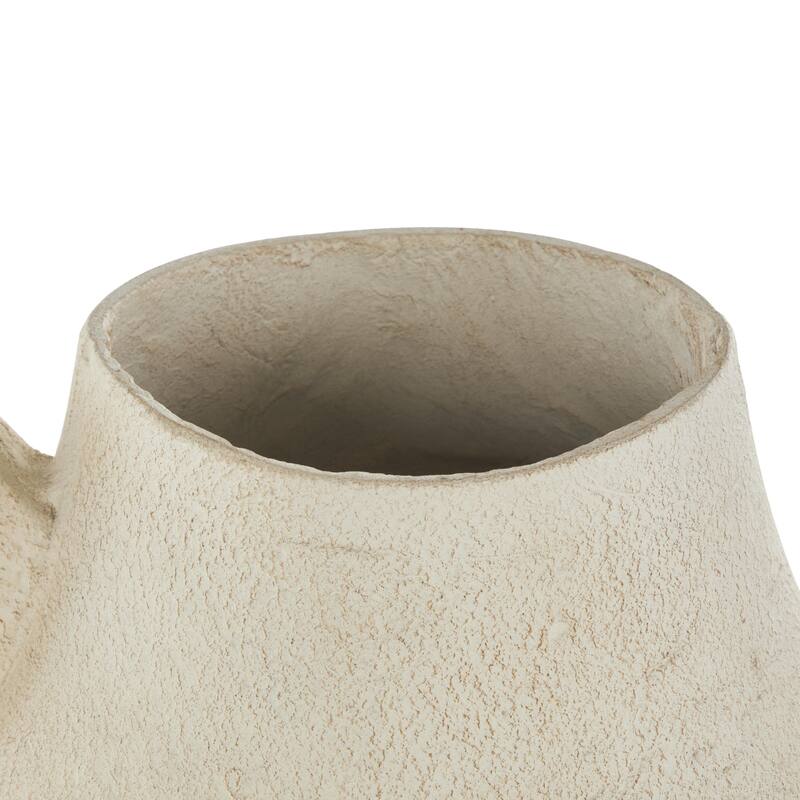 Cream Paper Mache Fluted Decorative Vase with Brown Distressed Texturing and Ring Handle