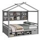 preview thumbnail 6 of 34, Elegant Full House Bed Kids Bed with Roof Frame,Bedside Storage Shelves,Ladder and Guardrail