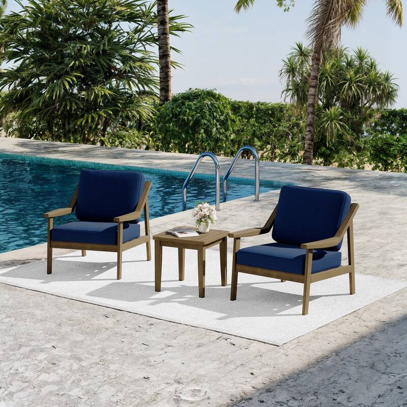 3-piece Teak Modern Cushioned Club Chairs Set Patio Bistro Set