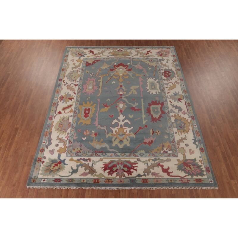 Floral Blue Oushak Area Rug Handmade Wool Carpet - 9'3"x 11'10"