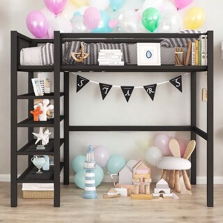 Full Size Metal Loft Bed with 4-Tier Shelves and Storage, Black