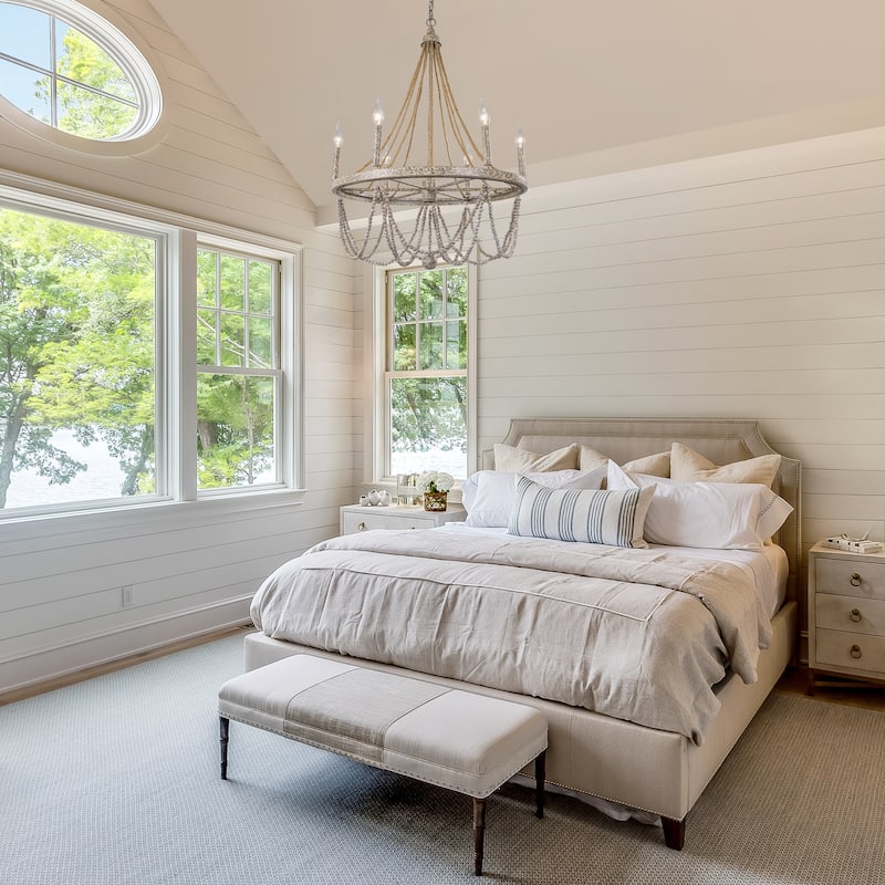 Farmhouse 6-Light Empire Boho Wood Beaded Wagon Wheel Chandelier for Living Dining Room - L25.5"xW25.5"xH37"